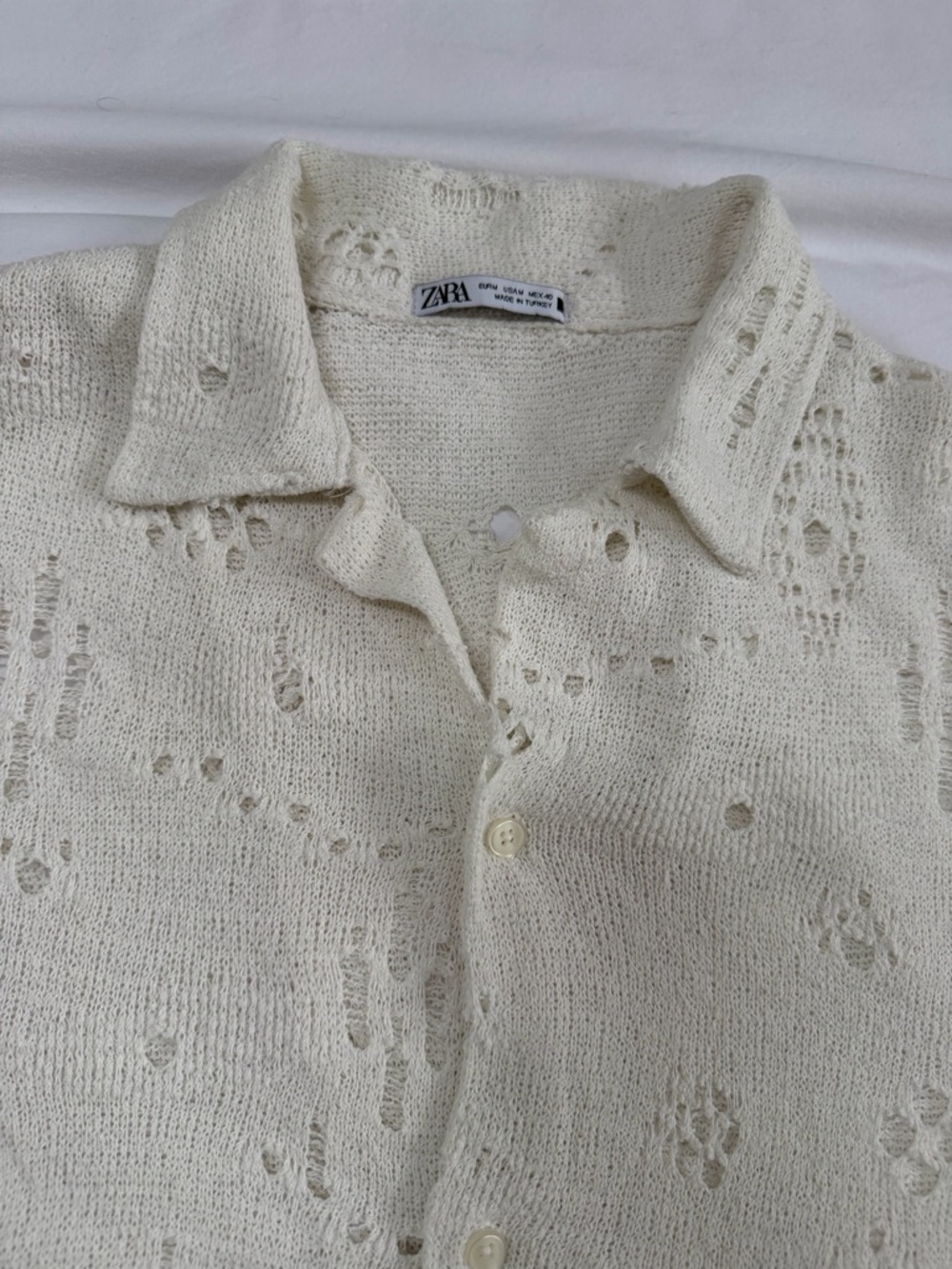 Zara Cream Distressed Open-Weave Button Cardigan